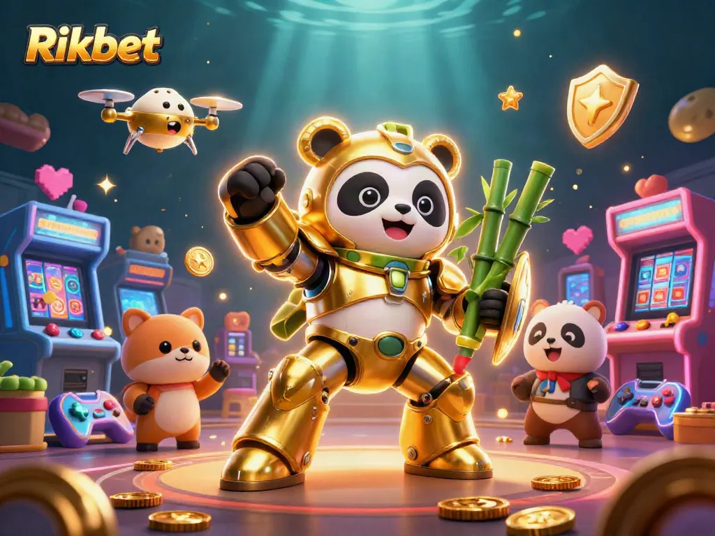 Engage in thrilling gameplay at Rikbet, featuring a golden panda pilot in a vibrant casino arena.