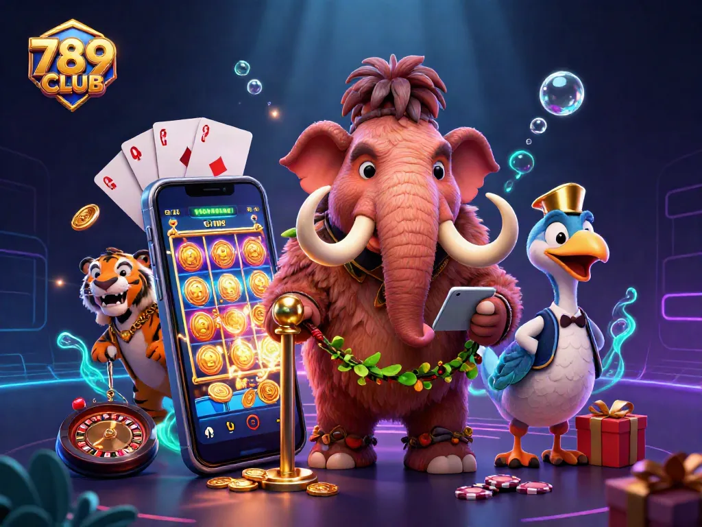 Engage with 789CLUB's vibrant casino scene featuring a bouncer, VIP guest, and doorman amidst exciting gaming elements.