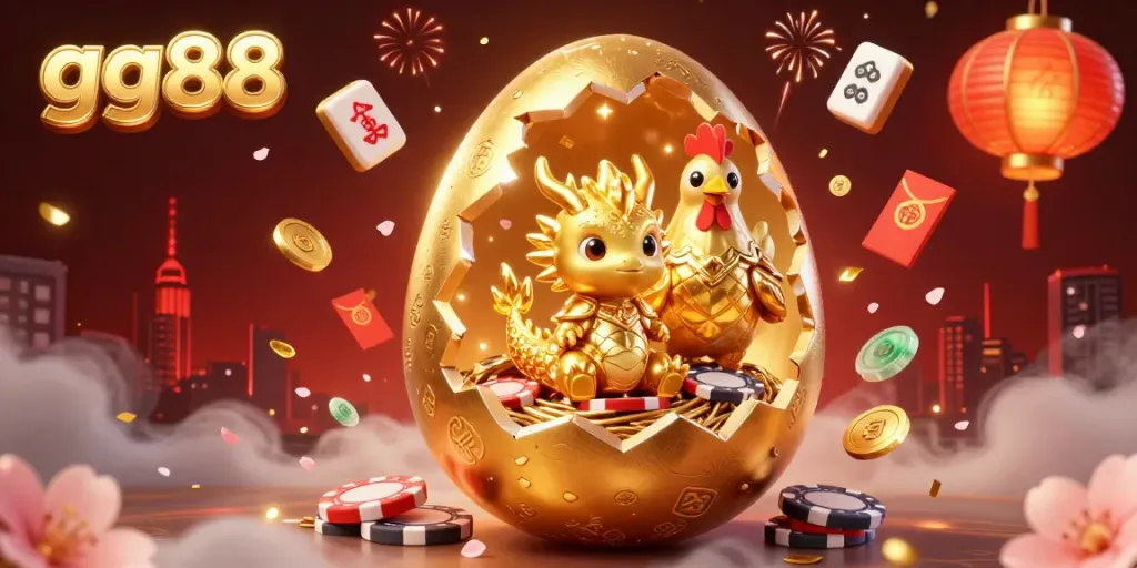 Engage in thrilling gaming with gg88, featuring a shimmering dragon amidst poker chips in this vibrant casino scene.