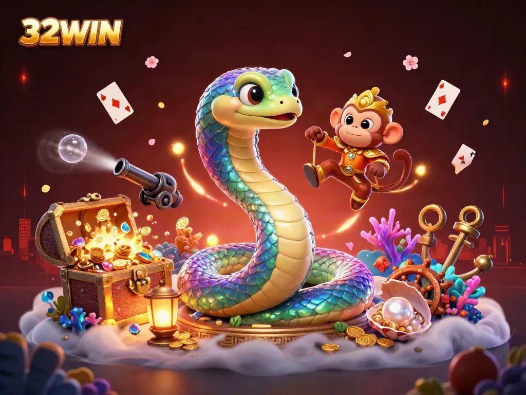 Experience winning excitement with 32WIN's dynamic illustration of a rainbow serpent and monkey king.