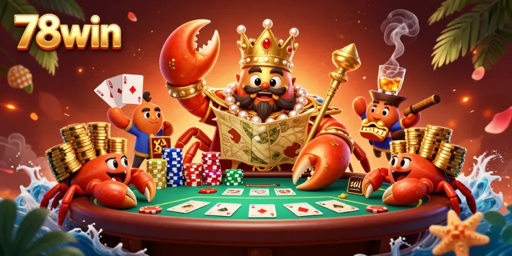 Players engage in a thrilling game of poker with 78win's golden crab emperor and colorful poker elements.