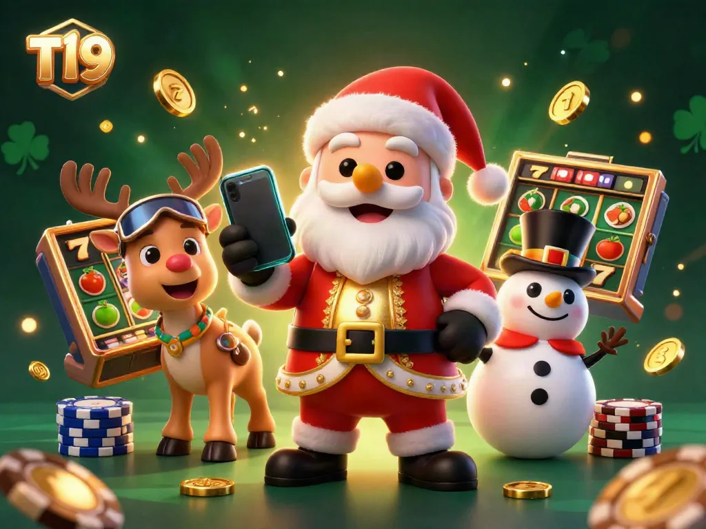 Experience T19's exciting slot games with Santa and friends in a vibrant casino illustration.