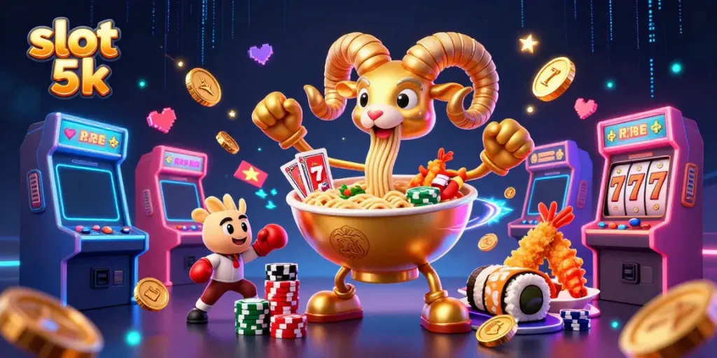 Engage in vibrant slot action with slot 5k, featuring a whimsical golden ramen bowl dealer.