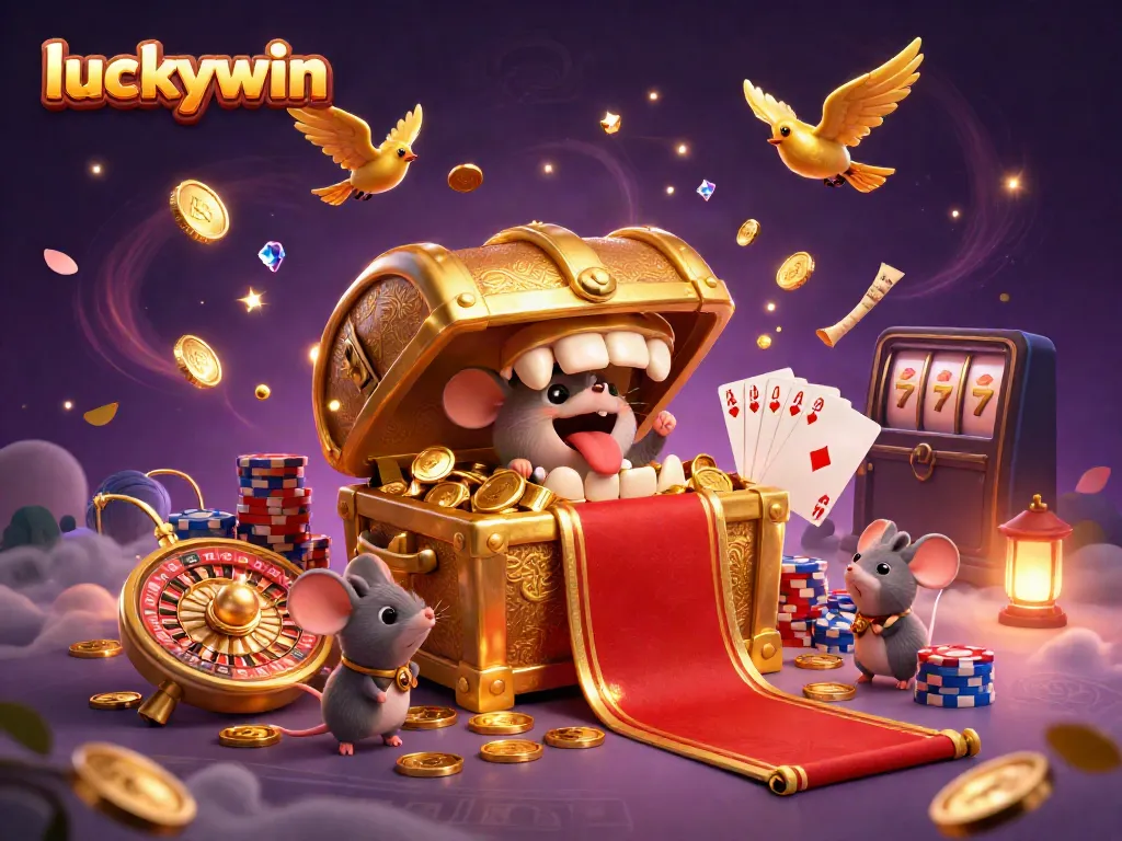 Luckywin showcases an enchanting treasure chest luring adventurer mice amidst golden coins and a vibrant gaming atmosphere.