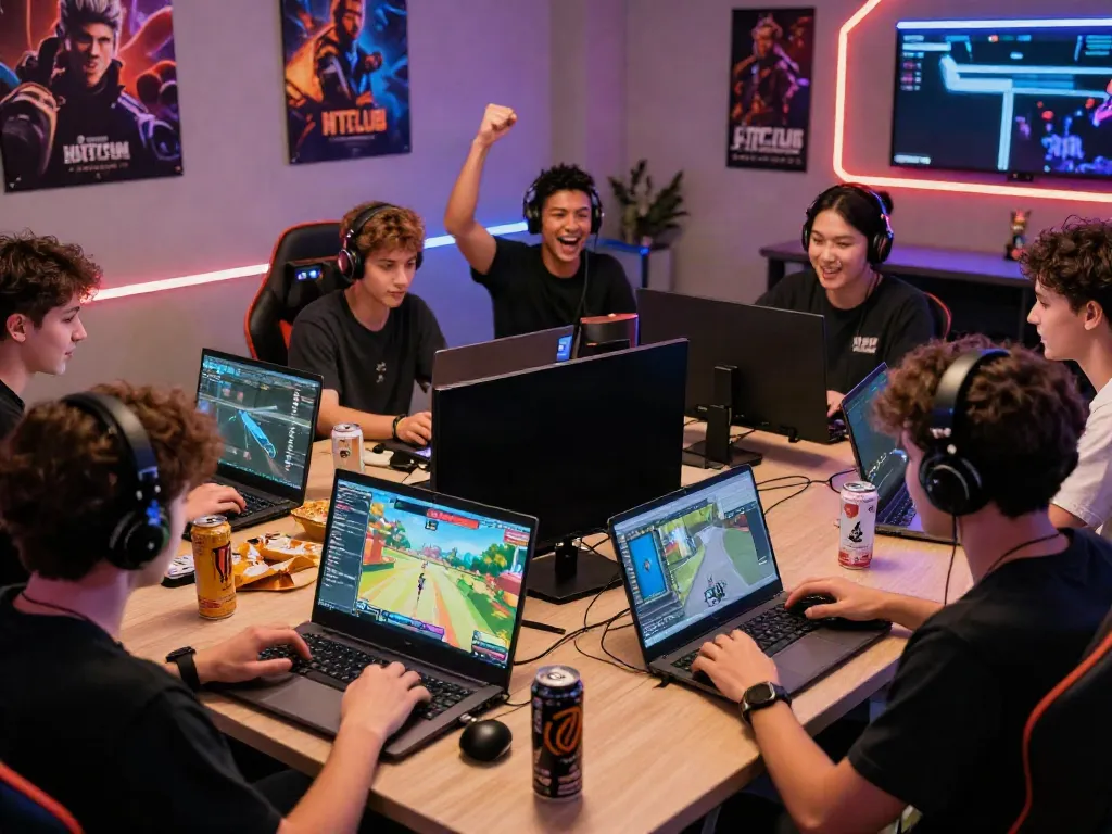 Players enjoying online gaming on multiple devices with a colorful HITCLUB interface in a vibrant setup.