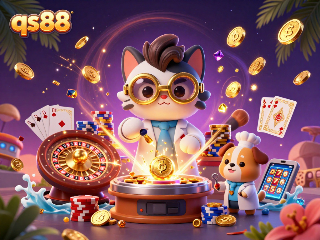 qs88 showcases a mad scientist cat and dog creating gold coins amidst dynamic casino elements.