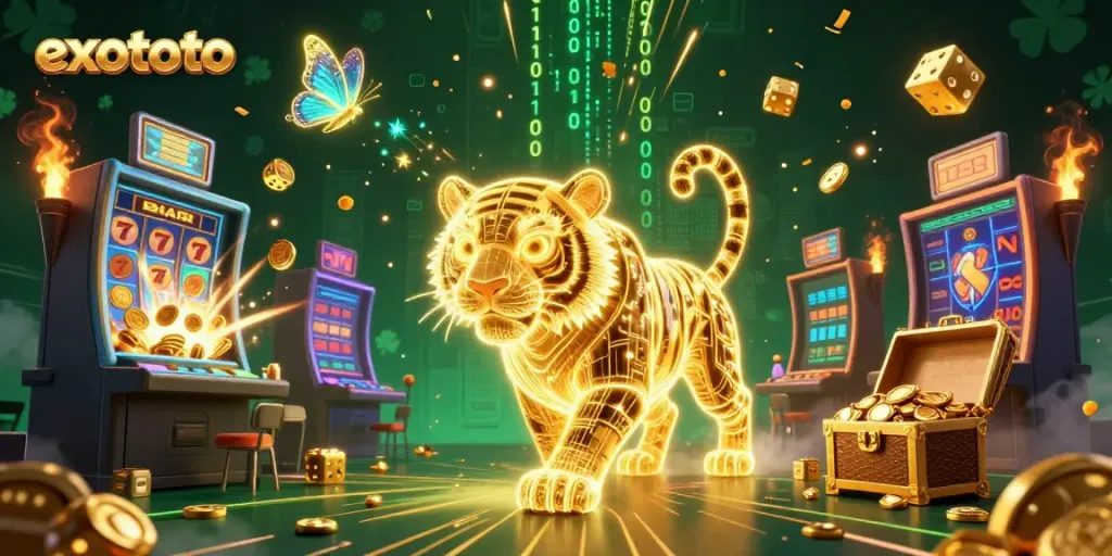 EXOTOTO menyajikan jackpot dengan karakter harimau emas yang bercahaya di kasino digital.