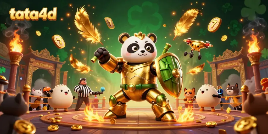 Experience dynamic gambling action with tata4d: a golden panda pilot in a vibrant slot arena.
