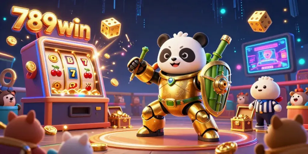 Experience thrilling wins with 789win as the animated golden panda battles through a vibrant casino scene.