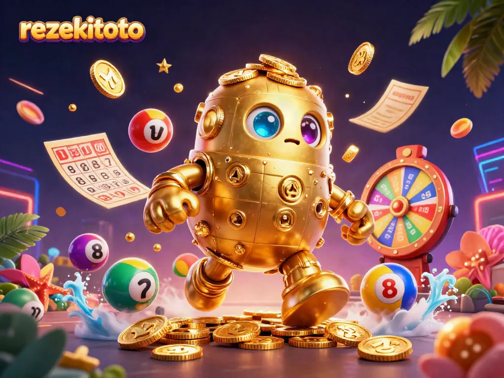 Experience the thrill of rezekitoto with colorful casino elements and a golden golem symbolizing luck.