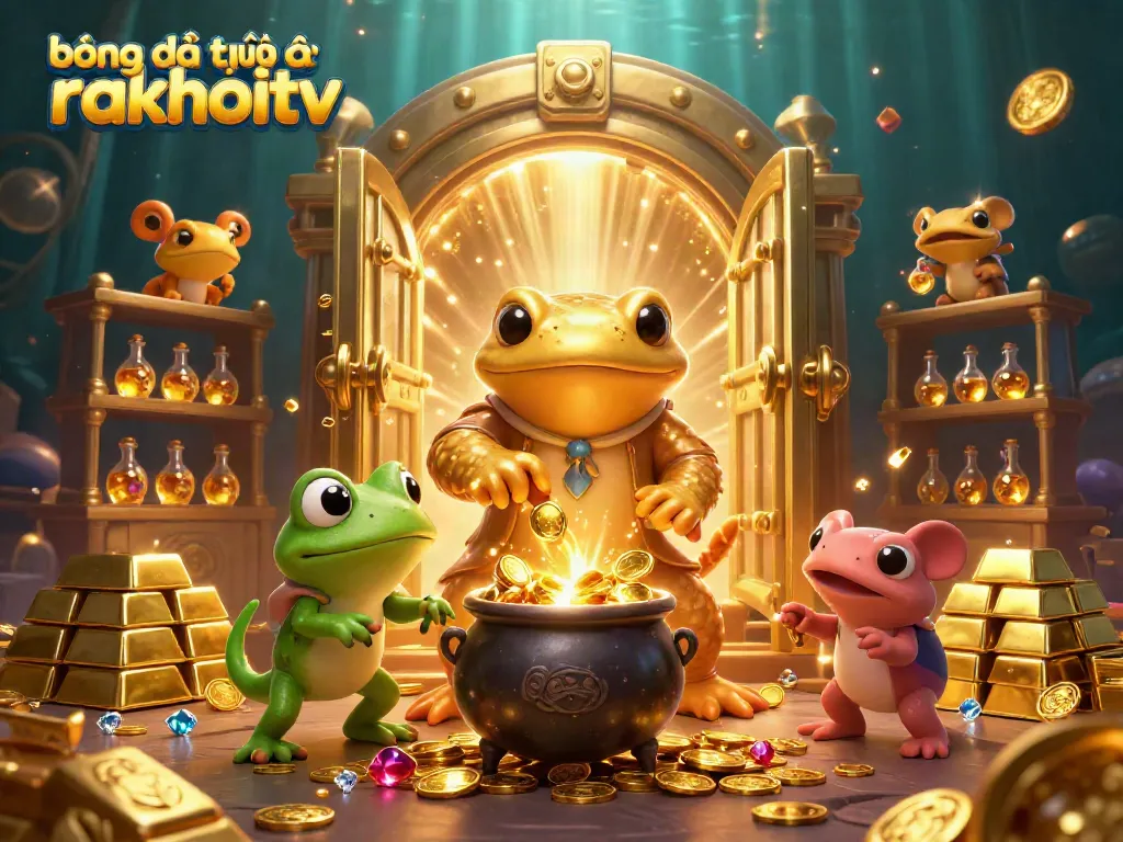 Engage with bóng đá trực tuyến rakhoitv in a vibrant casino-themed 3D fantasy world, featuring dynamic alchemists and gold elements.