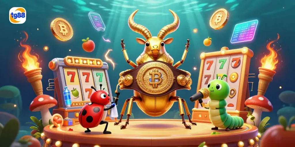Engage in vibrant slot action with tg88, featuring lucky symbols and dynamic elements in a colorful casino scene.