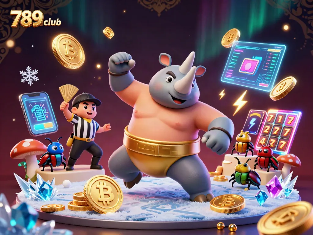 Join the excitement with 789club as the sumo champion beetle stomps for big wins amidst flying coins and slot reels.