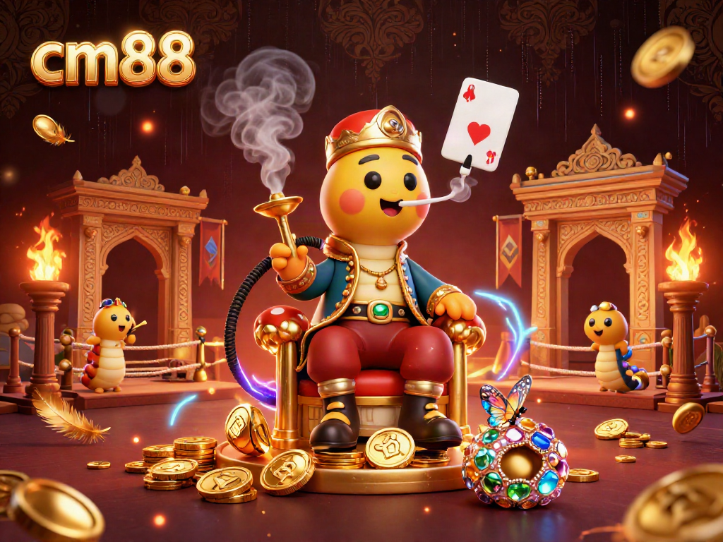 Experience thrilling gameplay at cm88 with a vibrant illustration showcasing poker symbols and golden coins in a dynamic casino scene.