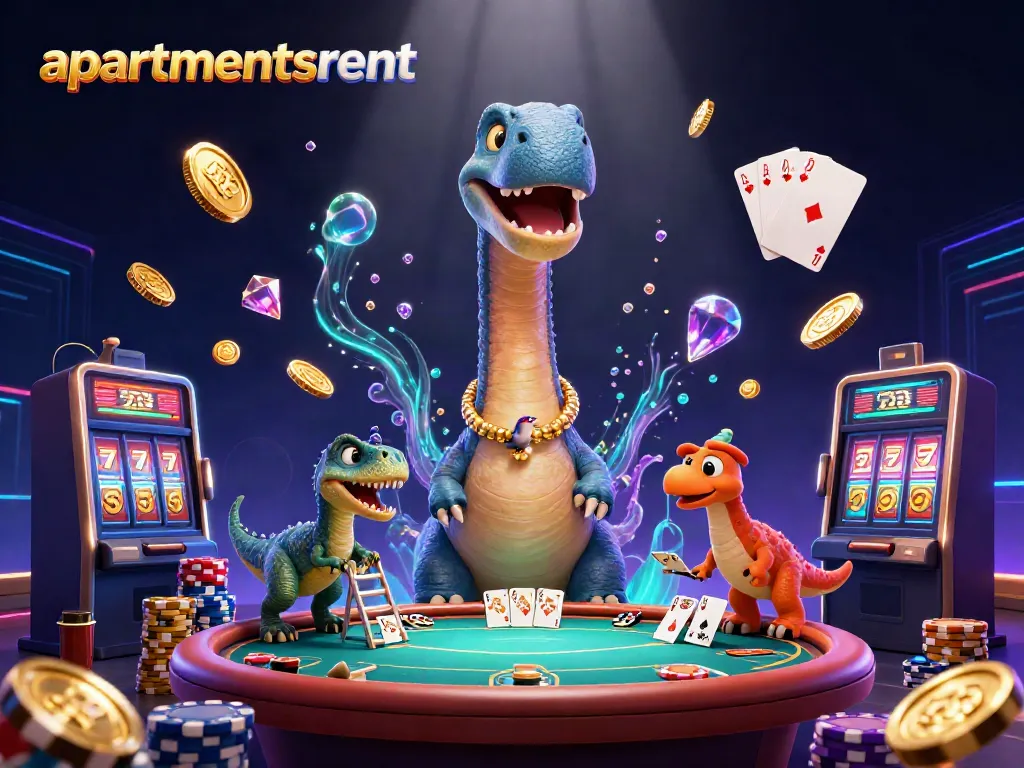 Bermain di apartmentsrent dengan slot mesin, tumpukan chip poker berwarna, dan keberuntungan menyenangkan.