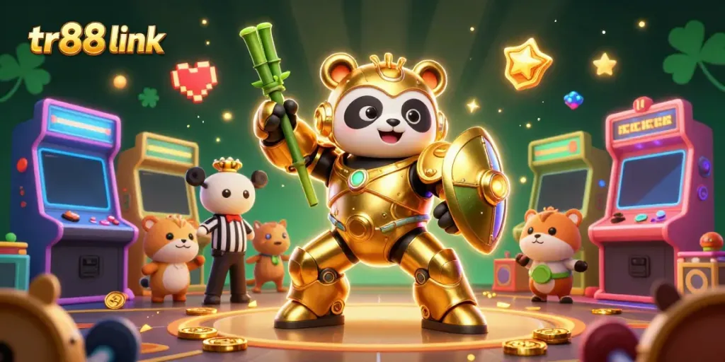 Engage with the thrilling tr88 link experience featuring a mech-suit golden panda battling in an arcade arena.