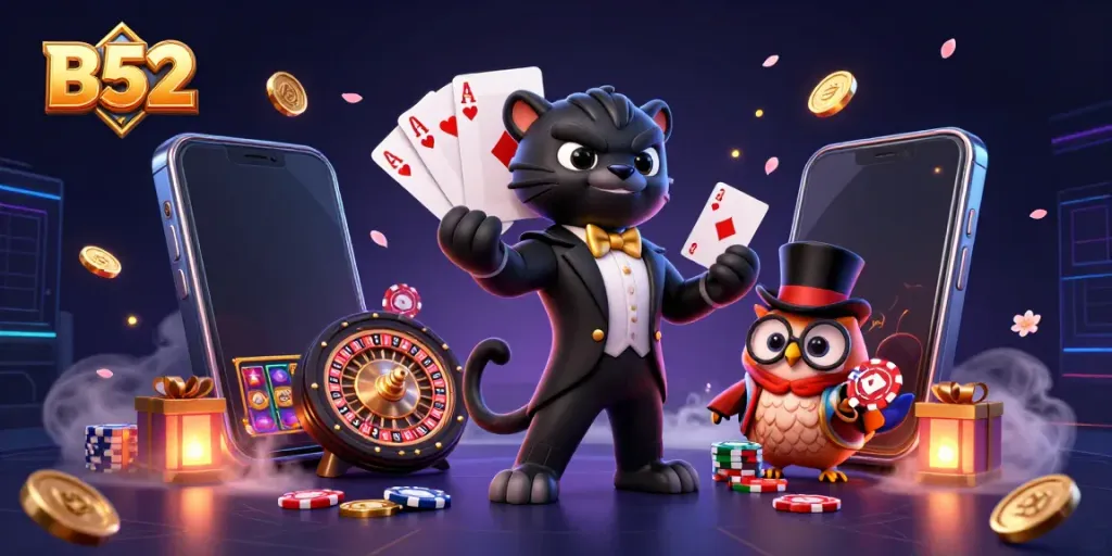 B52 inspired illustration featuring a tuxedo panther dealing cards among colorful casino elements.