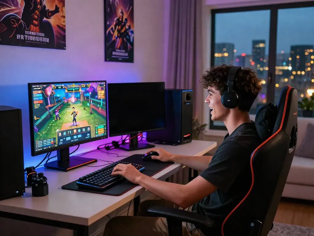 Young adult engaged in an exciting gaming session on server Thailand, vibrant slot game interface glowing on the monitor.