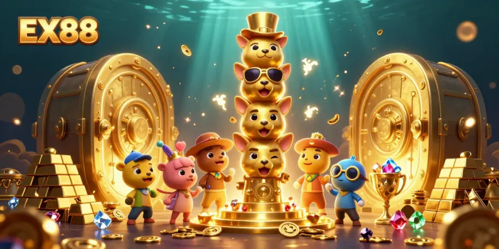 Experience the thrilling world of EX88 in an immersive casino adventure, featuring vibrant golden treasures and dynamic characters.