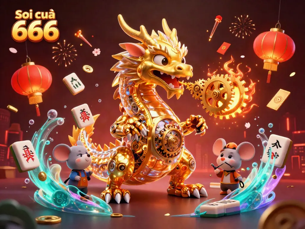 Soi cầu 666 features a biomechanical golden dragon immersed in a vibrant casino-themed fantasy, with sparkling mahjong tiles and lucky charms.