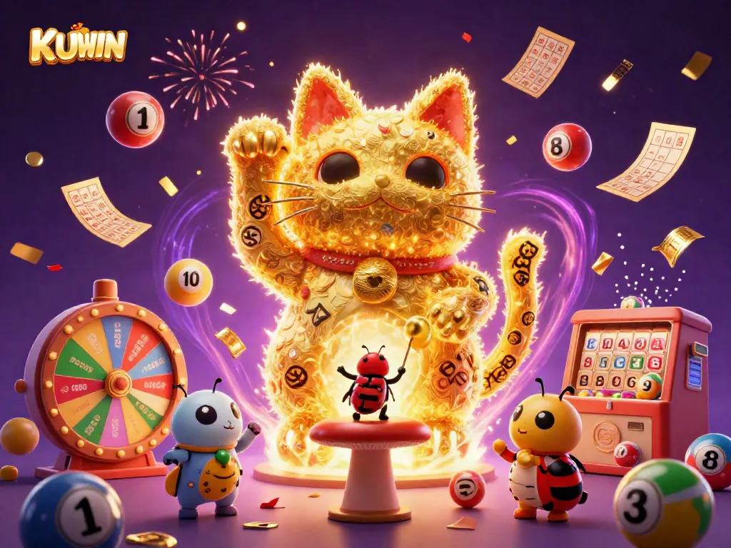 Experience magic with KUWIN as golden fireflies form a lucky cat in a lively casino scene.