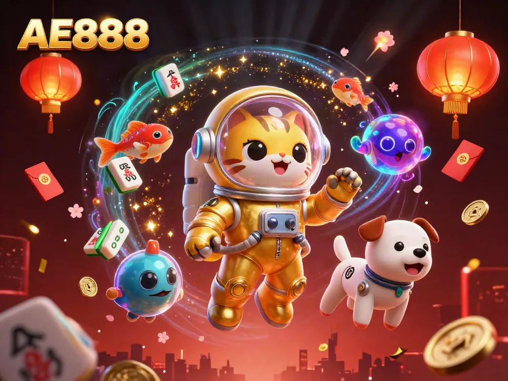 Experience AE888 with vibrant casino elements and a cosmic theme featuring a floating cat astronaut.