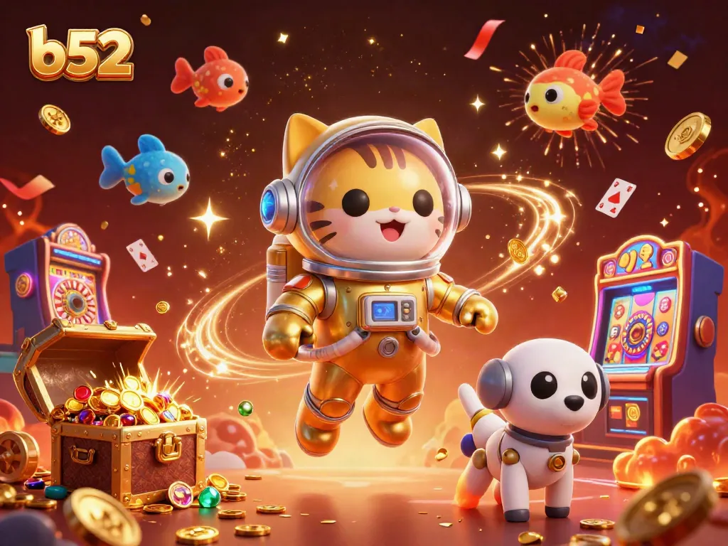 Experience exciting gameplay with B52, featuring an astronaut cat and vibrant casino elements.