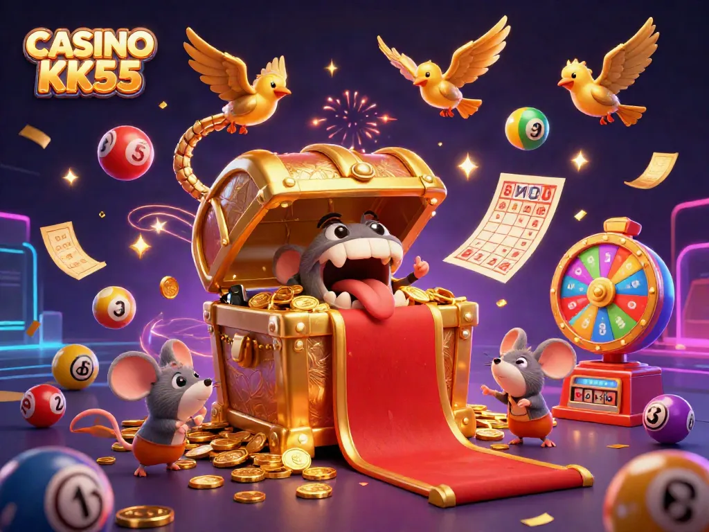 Experience winning at CASINO KK55 with dynamic games and vibrant lottery elements in this vivid illustration.