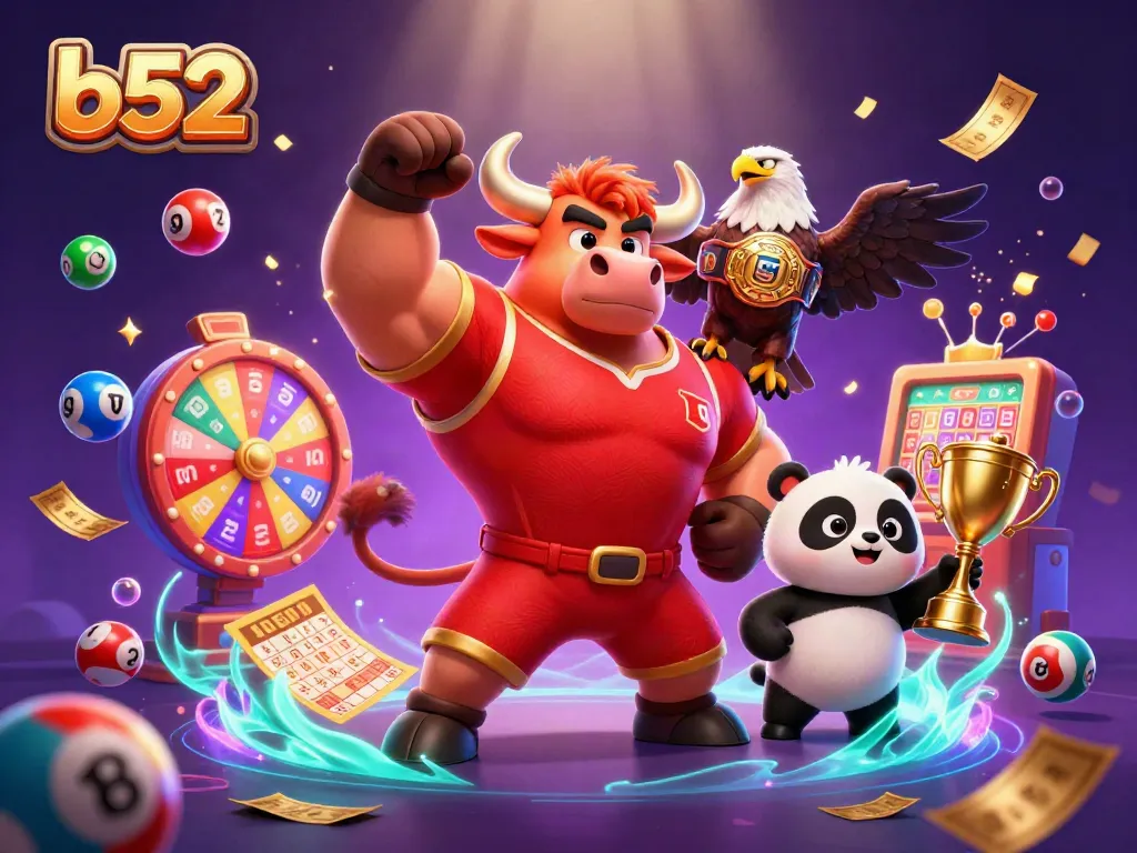 b52 jackpot celebration scene with a bull mascot, eagle, and panda amidst lottery balls and prizes