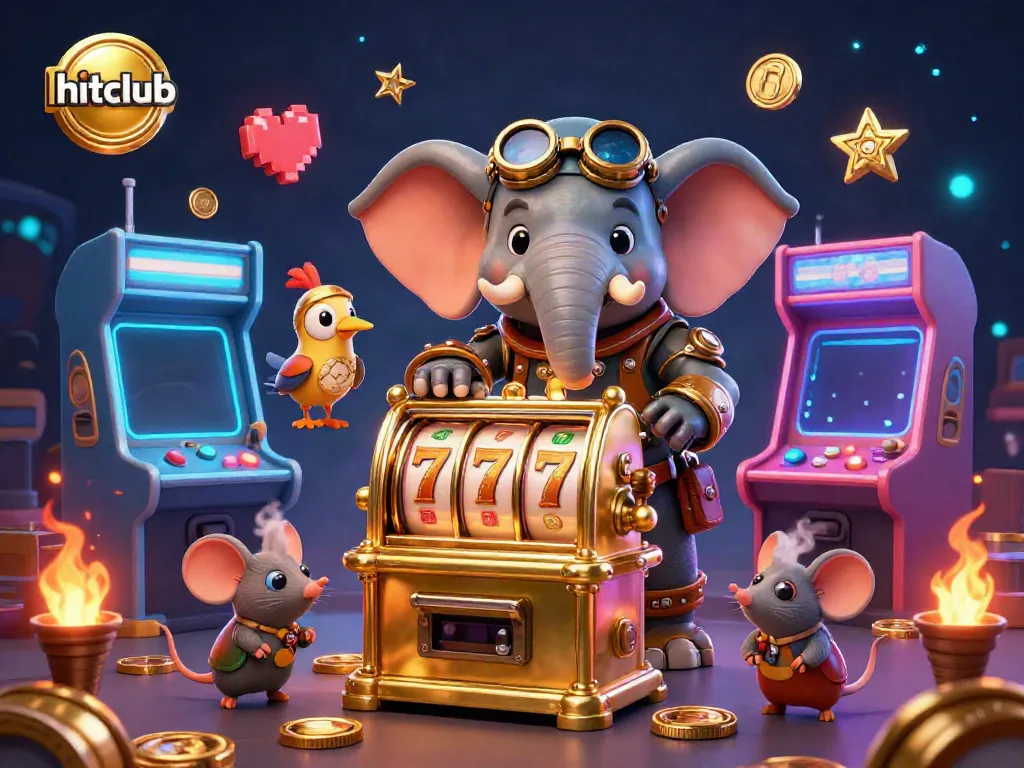 Spin the hitclub slot machine with cartoon steampunk elephant, golden reels, and vibrant gaming elements.