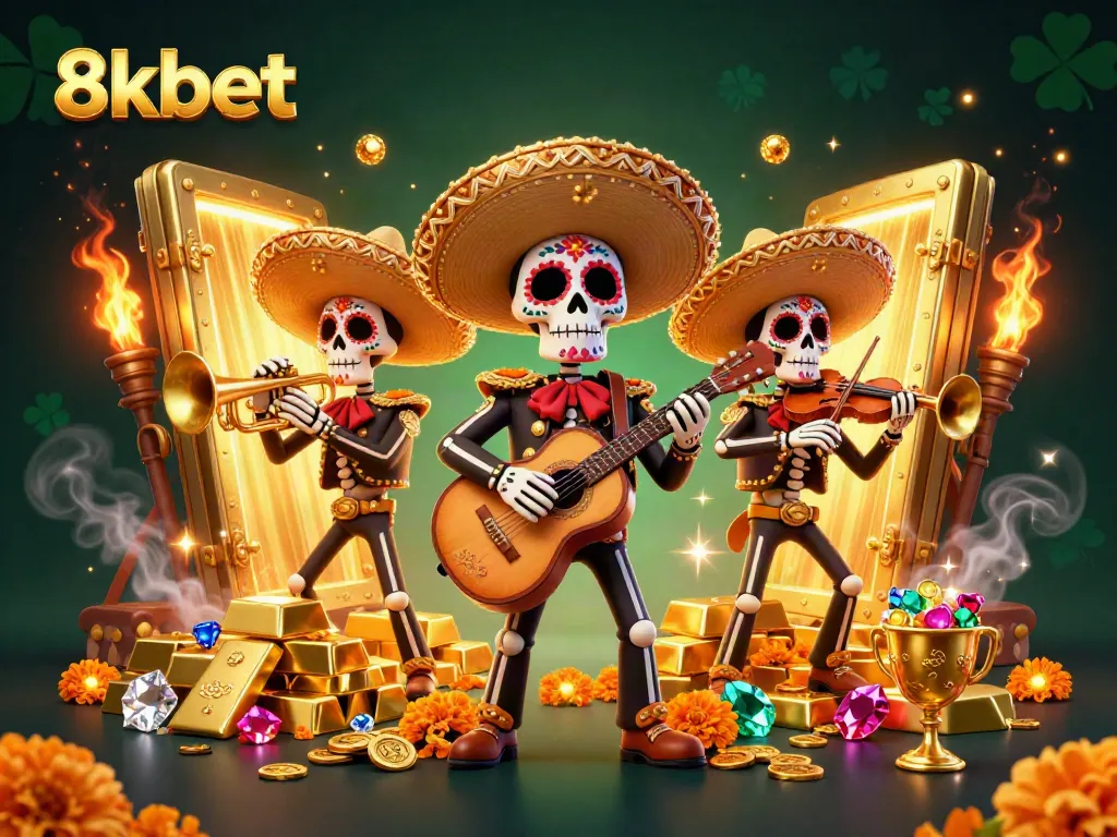 Experience the vibrant energy of 8kbet with this artistic mariachi band in a casino treasure scene.