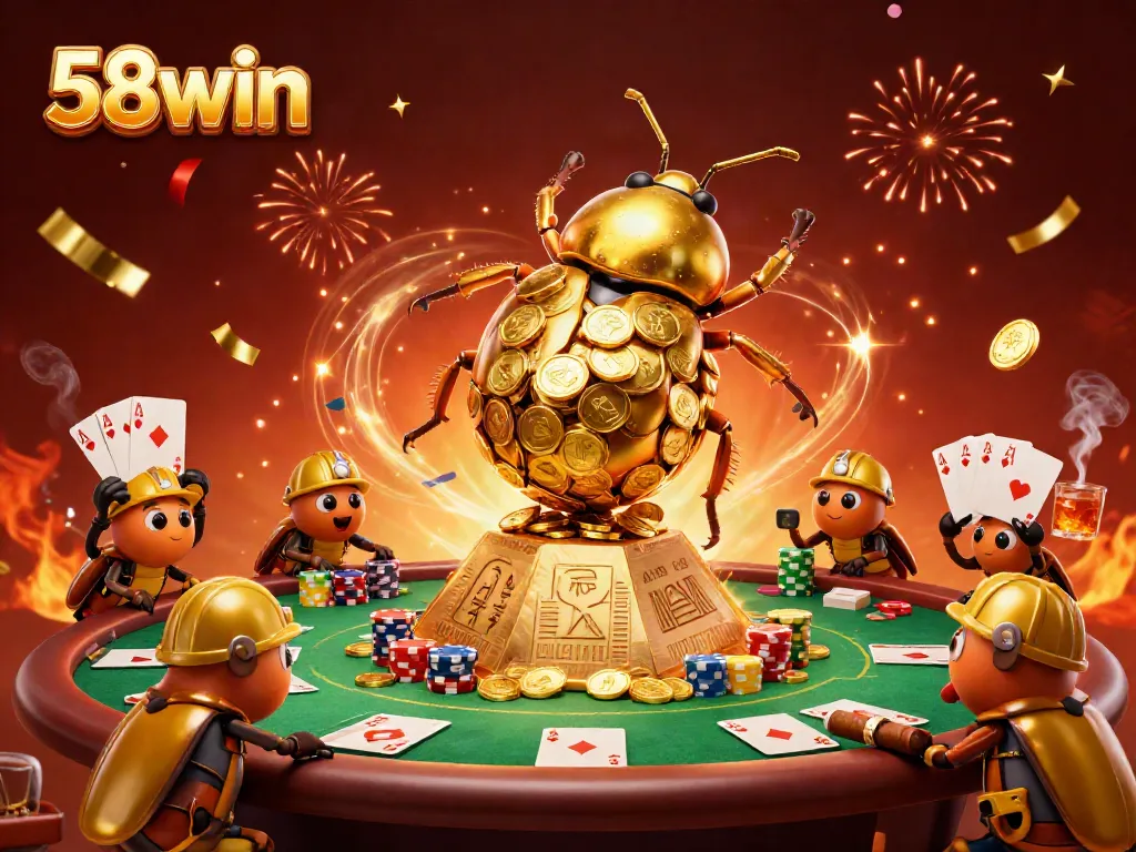 Experience the thrilling adventure of 58win with golden beetles and poker elements in this vibrant casino scene.