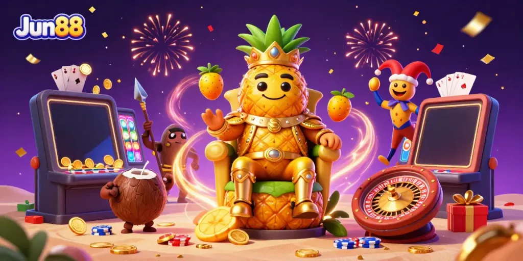 Engage with Jun88's vibrant casino adventure featuring a golden pineapple king and magical elements.
