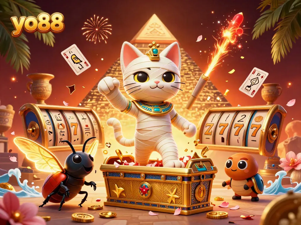 Spin the reels at yo88 with a vibrant Egyptian-themed casino illustration filled with excitement and energy.