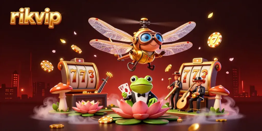 Experience excitement at rikvip with an animated dragonfly pilot above a casino with vibrant gaming elements.