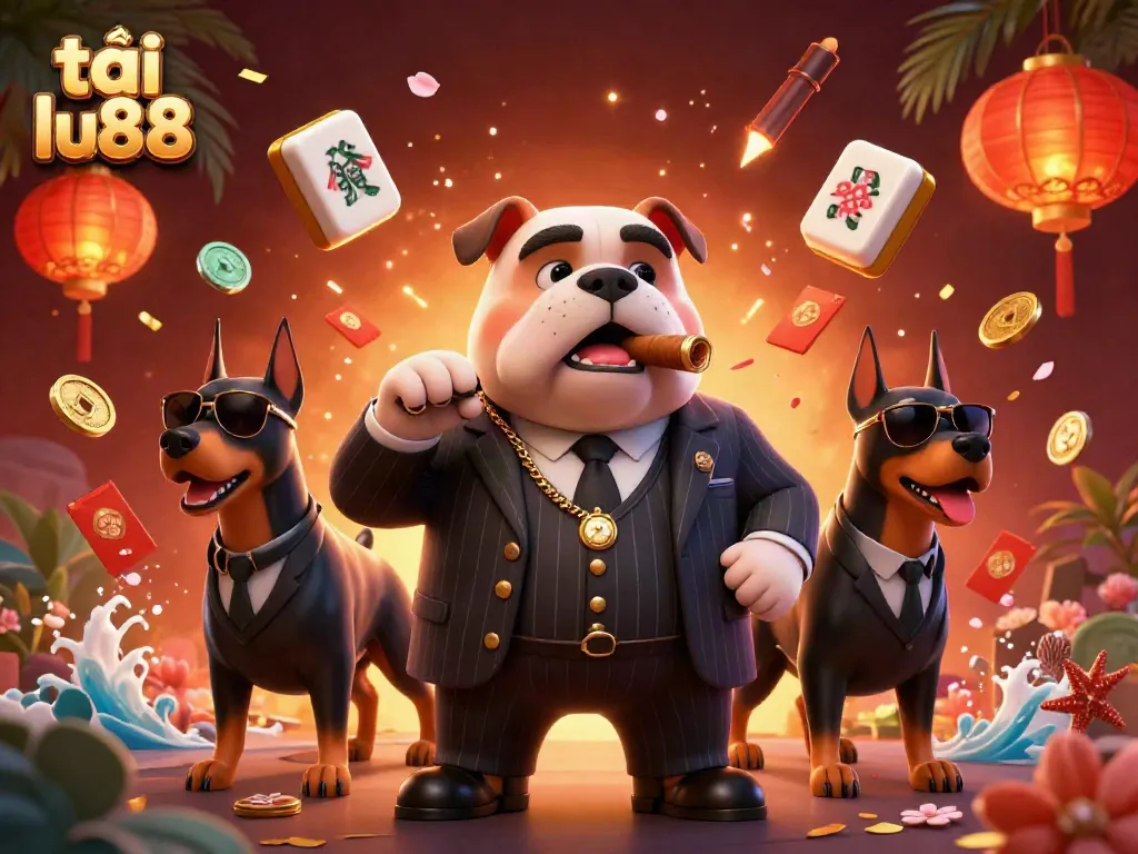 Engage with thrilling gameplay by tải lu88, featuring a mafia boss bulldog and Doberman bodyguards.