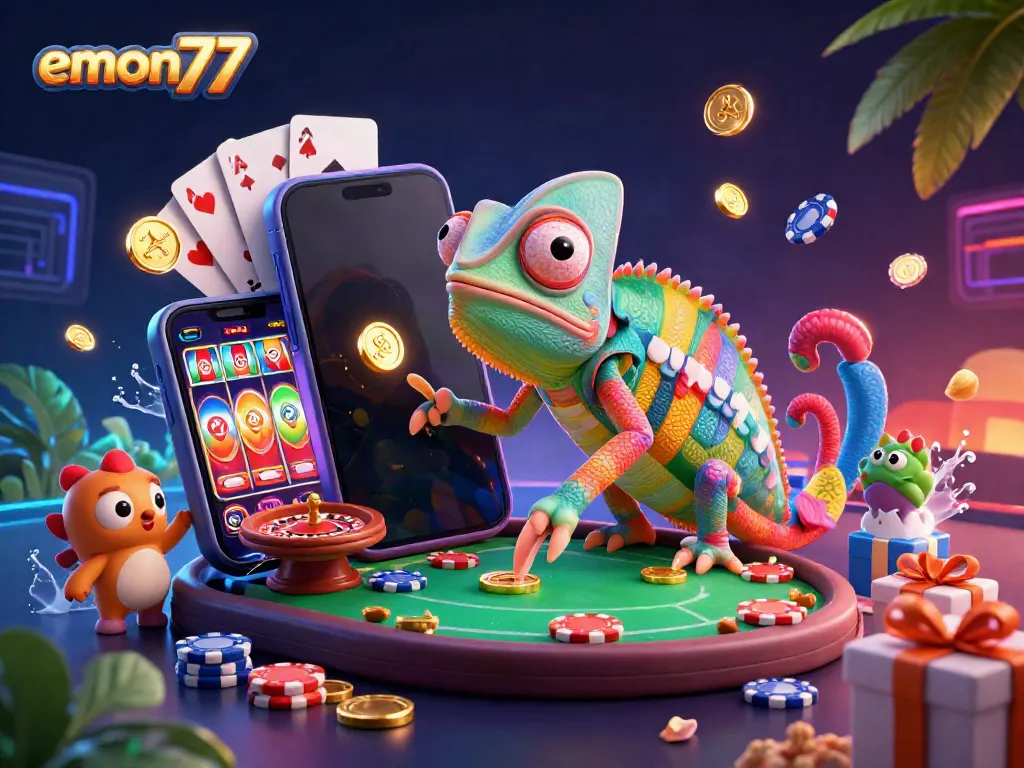 Experience the vibrant casino world of emon77 with a chameleon character catching coins amidst dynamic game elements.