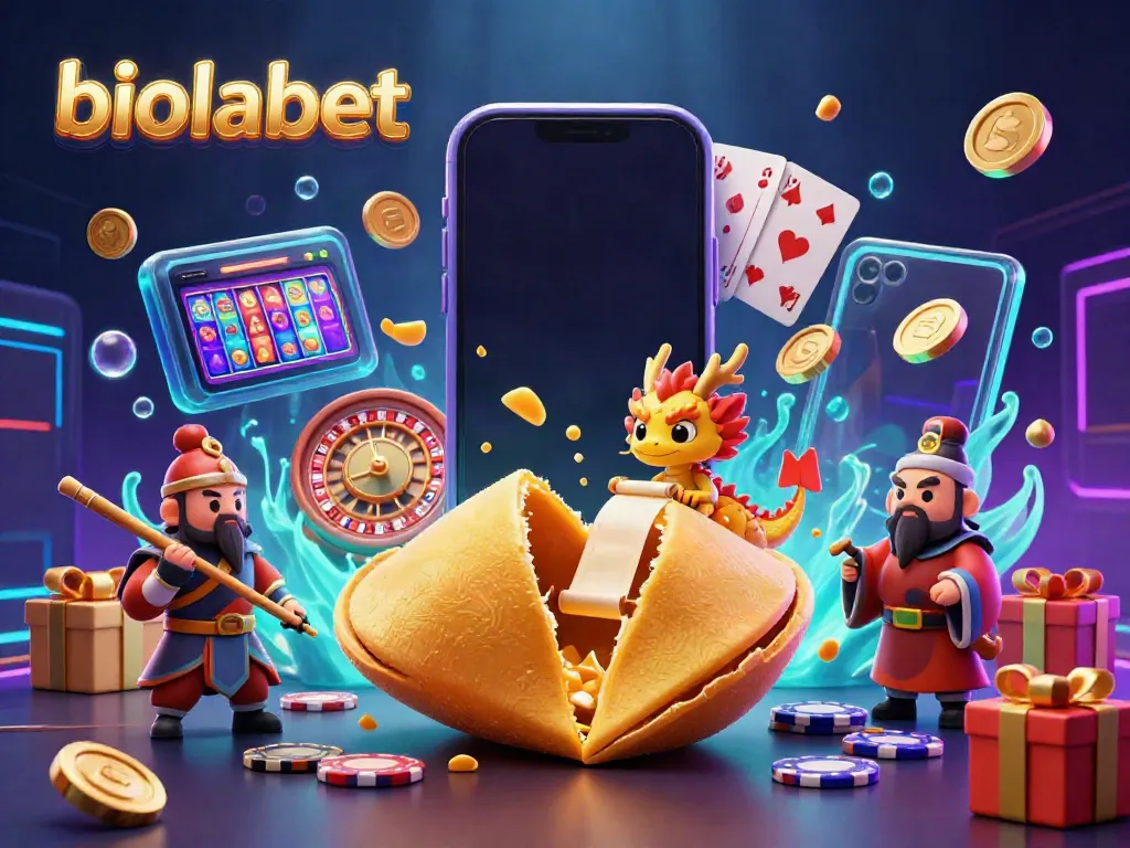 Engage with biolabet through this vibrant 3D scene where a wise dragon reads fortunes from a golden cookie amidst casino elements.