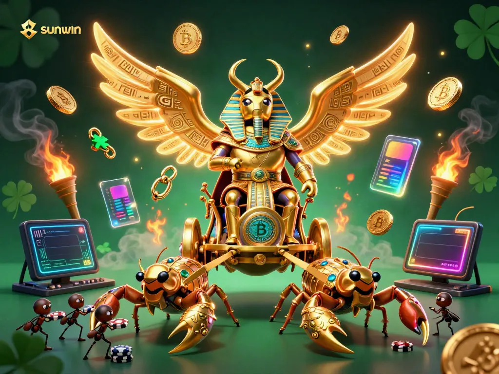 Engage with sunwin's thrilling casino adventures with a golden scarab beetle in pharaoh armor.