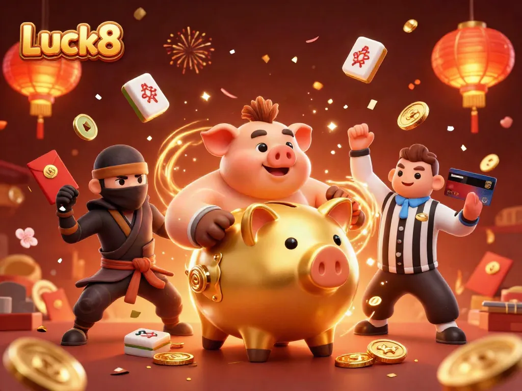 Engage with Luck8's thrilling gaming experience featuring dynamic characters and vibrant casino elements.