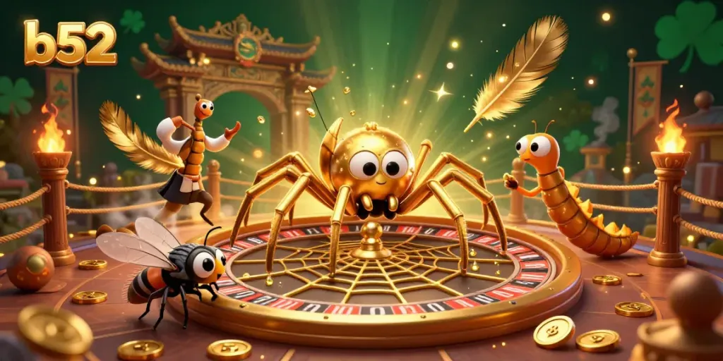Bettors engage with the b52 roulette-themed casino scene featuring a golden spider, fly, and centipede croupier.