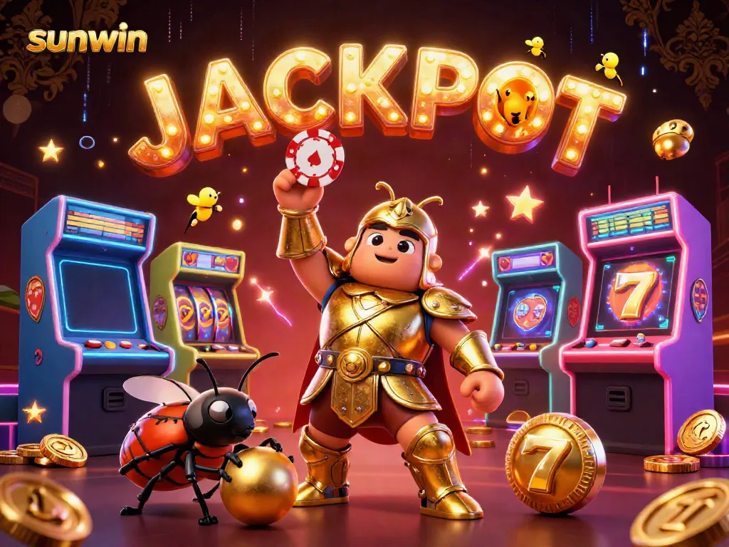 Engage with sunwin’s exciting scene featuring a triumphant beetle in gladiator armor lifting a poker chip.