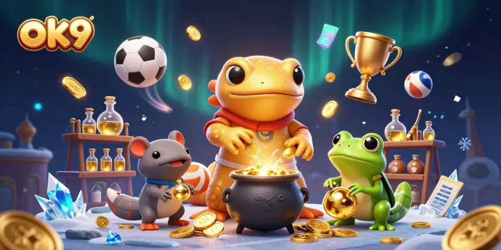 Engage with ok9's casino excitement featuring golden alchemist characters amidst rich sports-themed elements.