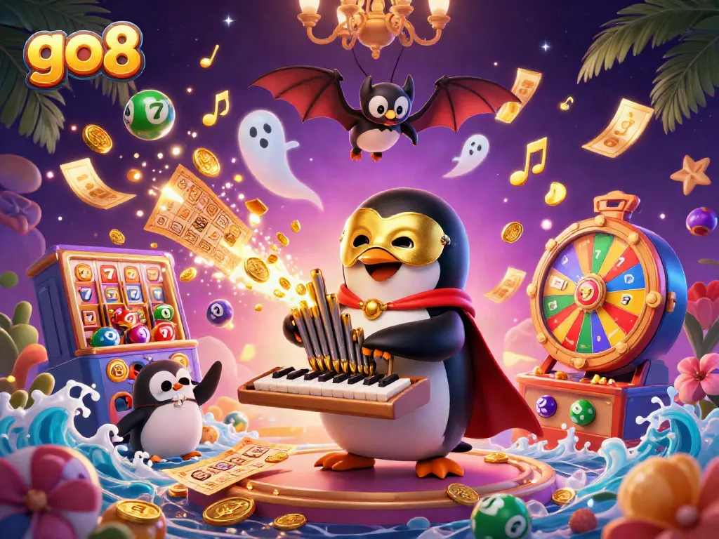 Experience the excitement of go8 with a dynamic 3D scene showcasing vibrant slot reels, colorful lottery balls, and golden musical elements.
