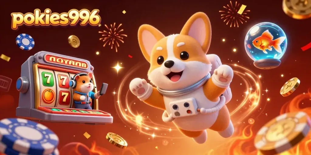 Play lively pokies996 in a dynamic casino scene with floating characters and slot elements