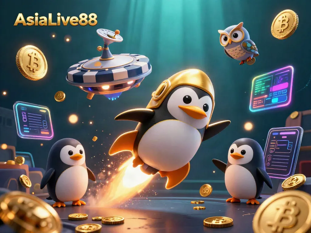 Witness AsiaLive88's adventurous golden penguin soaring towards a vibrant casino in space.