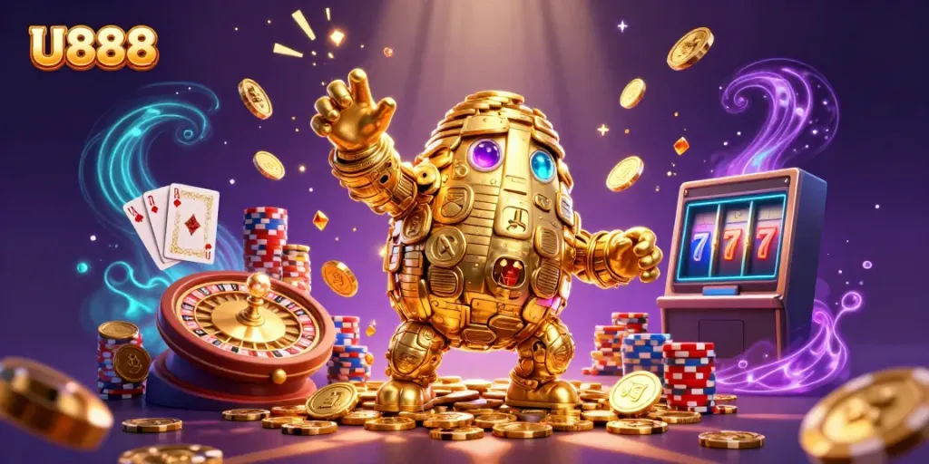Engage in thrilling adventures at U888 with vibrant 3D casino games and rich golden elements.