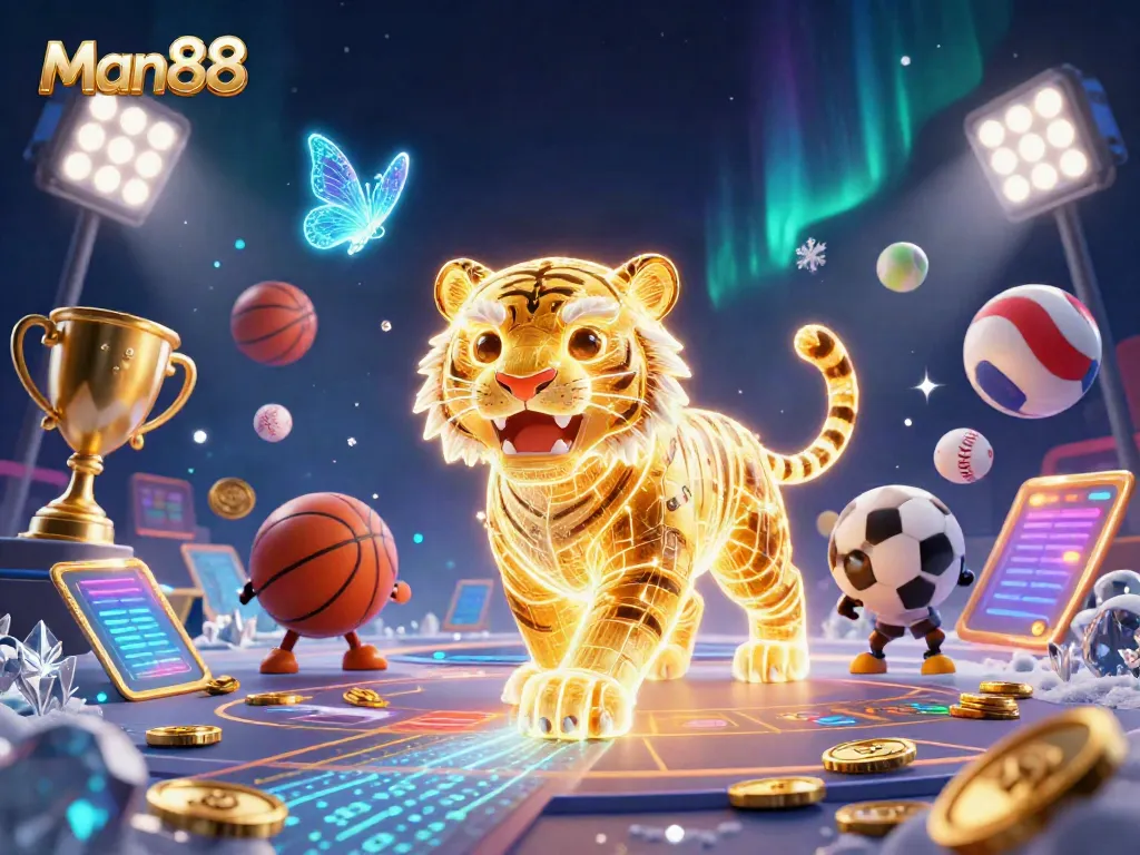 Betting with Man88 in a vibrant casino scene featuring a golden tiger and sports elements.