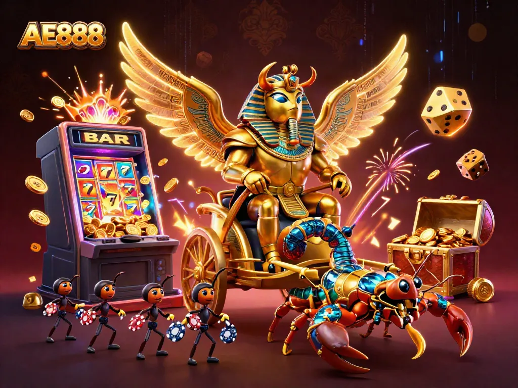 Experience thrilling gameplay with AE888 featuring a golden beetle, chariot, and jackpot excitement.