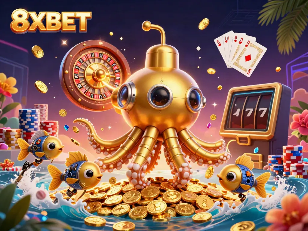 Experience thrilling gameplay at 8XBET with a vibrant scene of golden treasures and dynamic casino elements.